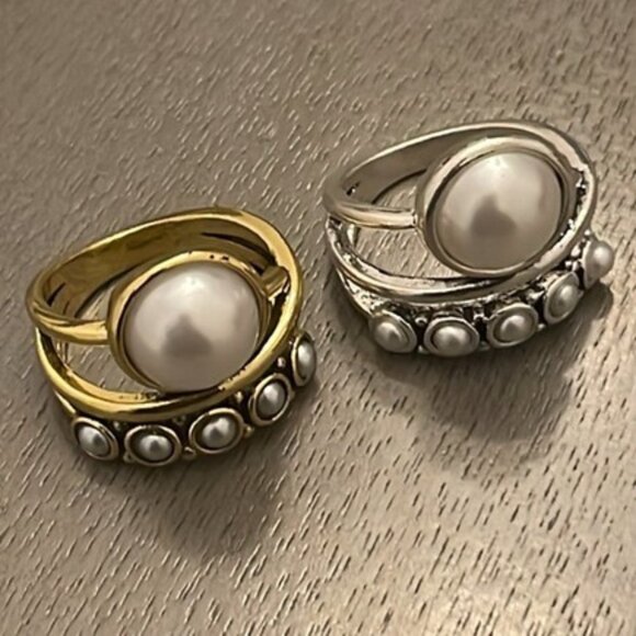 Pearl Statement Ring Multi Faux Pearl Band Retro Boho Y2K Festival Glam Stacked - Picture 1 of 5